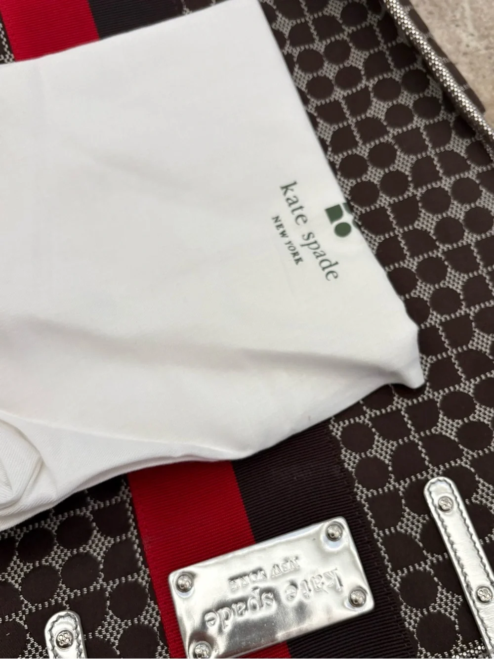Brand New kate spade Brown Canvas Tote with Red Center Stripe